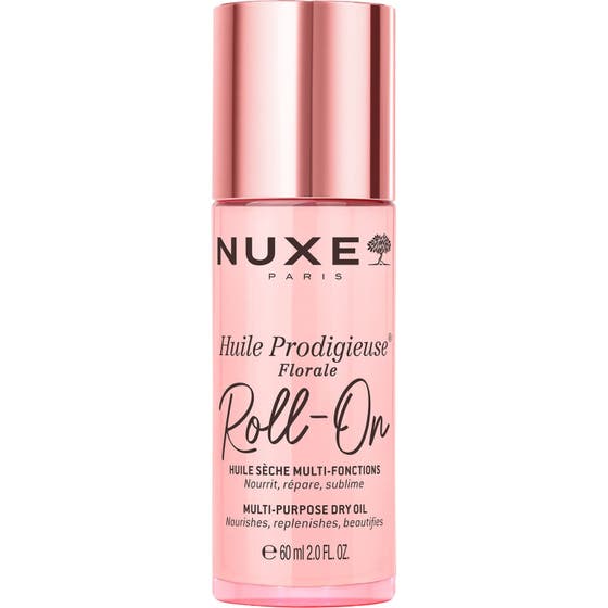 Nuxe Huile Prodigieuse Florale Roll-On 60 ml ravitseva kuivaöljy vaaleanpunaisessa pullossa metallinhohtoisella korkilla