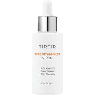 Tirtir Pure Vitamin C24 Serum 30 ml lysterivande anti-age kollagen för huden i vit flaska med silverdetaljer.