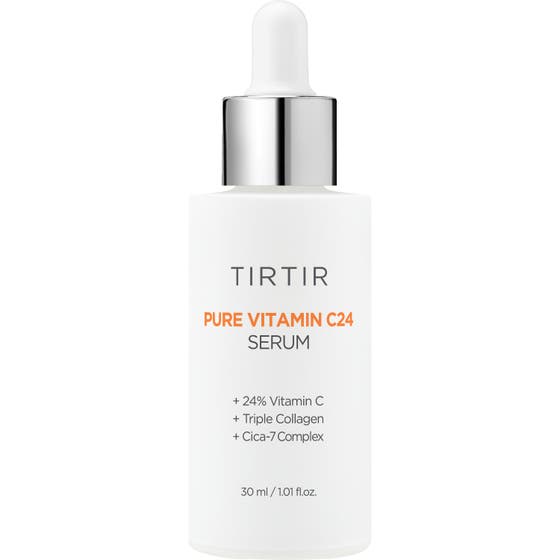 Tirtir Pure Vitamin C24 Serum 30 ml lysterivande anti-age kollagen för huden i vit flaska med silverdetaljer.