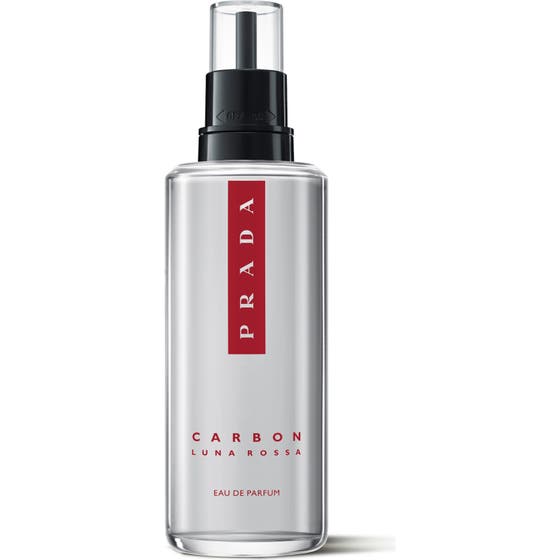 Prada Luna Rossa Carbon refill 150ml Eau de Parfum herrparfym i klar glasflaska och svart kartong med röd rand