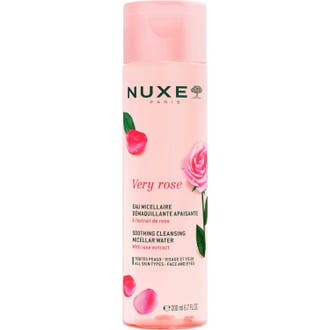 Nuxe Very Rose 200 ml micellärvatten alla hudtyper i en rosa flaska med rosenextrakt och matchande lock