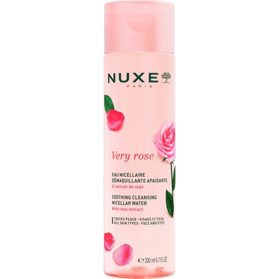 Nuxe Very Rose 200 ml rauhoittava misellivesi vaaleanpunaisessa pullossa, jossa on ruusukuvioita.