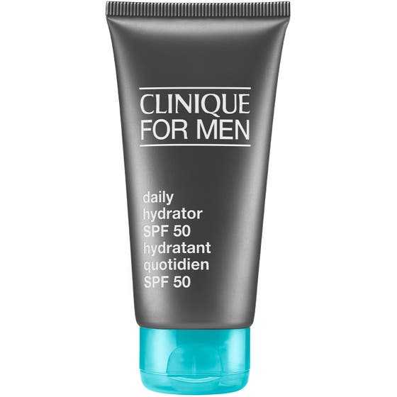 Clinique For Men Daily Hydrator SPF 50 fuktighetskrem i mørkegrå tube med turkist lokk som gir høy solbeskyttelse