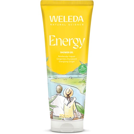 Weleda Aroma Shower Energy 200 ml oppkvikkende dusjgelé i gul tube dekorert med ingefær og sedertre.