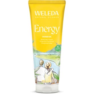 Weleda Aroma Shower Energy 200 ml oppkvikkende dusjgelé i gul tube dekorert med ingefær og sedertre.