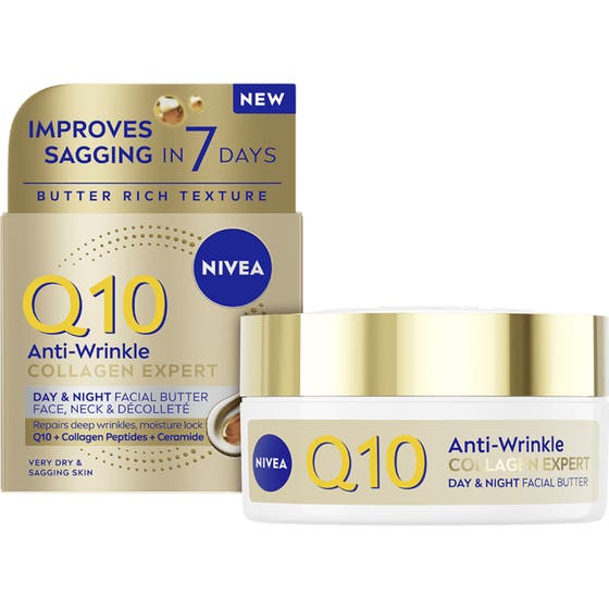Nivea Q10 Anti-Wrinkle Collagen Expert 50 ml natt- och dagkräm i vit glasburk med guldigt lock.