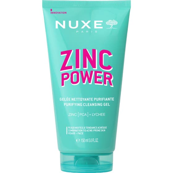 Nuxe Zinc Power Purifying Cleansing Gel 150 ml syväpuhdistava geeli kirkastaa ihoa turkoosissa tuubissa pinkillä tekstillä
