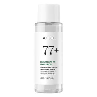 Anua Heartleaf 77% Soothing Toner 40 ml lugnande ansiktsvatten i en liten genomskinlig flaska med vit etikett.