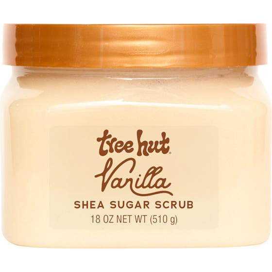 Tree Hut Vanilla Shea Sugar Scrub 510 g exfolierande kroppsskrubb för mjuk hy i genomskinlig burk med orange lock