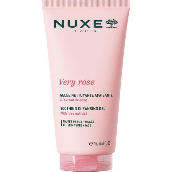 Nuxe Very Rose 150 ml beroligende rensegel med roseekstrakt i en dus rosa tube med mørkegrønn skrift og flippkork.