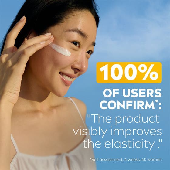 NIVEA UV Face Anti-Age Q10 Cream 40 ml SPF 50+ solkräm som förbättrar hudens elasticitet appliceras i ansiktet.