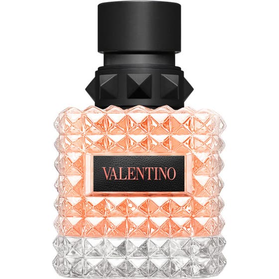 Valentino Born in Roma Donna Coral Fantasy Eau de Parfum 50 ml i nittet glasflaske med koralfarvet væske og sort låg
