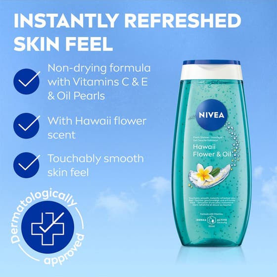 NIVEA Hawaii Flower & Oil 250 ml dusjgelé med pleiende oljeperler i turkis gjennomsiktig flaske