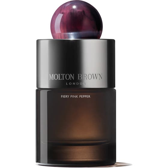 Molton Brown Fiery Pink Pepper Eau de Parfum 100 ml tummassa lasipullossa metallikorkilla ja marmorikuulalla