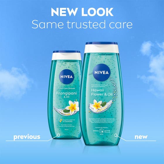 NIVEA Hawaii Flower & Oil Shower 250 ml pleiende dusjsåpe med blå geltekstur og gule oljeperler med vitamin C og E