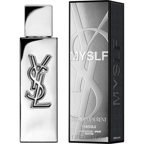 Yves Saint Laurent MYSLF L'Absolu edp 40 ml herreparfyme i blank sølvflaske ved siden av matchende ytteremballasje
