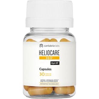 Heliocare 360 Capsules 30 st kosttillskott som ger huden skydd i en genomskinlig burk med gula kapslar