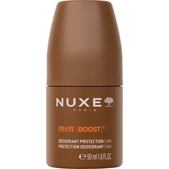 Nuxe Men Boost³ 50 ml beskyttende deodorant gir 24 timers beskyttelse i en matt brun rulleflaske.