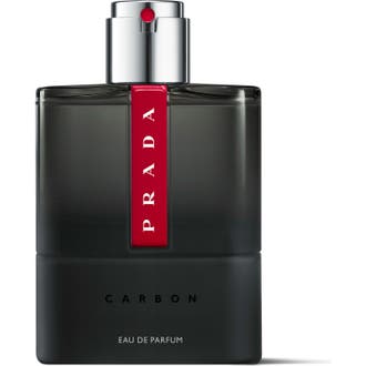 Prada Luna Rossa Carbon Eau de Parfum 100 ml parfyme i mørk glassflaske med rød logostripe og sølvfarget spraytopp