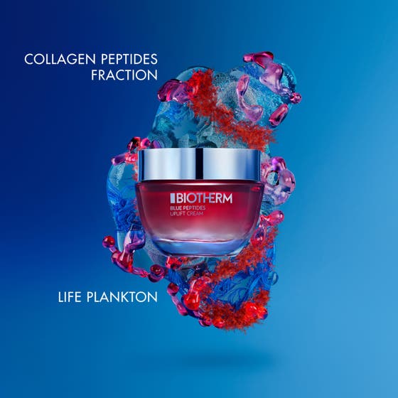 Biotherm Blue Peptides Uplift Moisturizing Cream 50 ml oppstrammende dagkrem i rød krukke med Life Plankton.