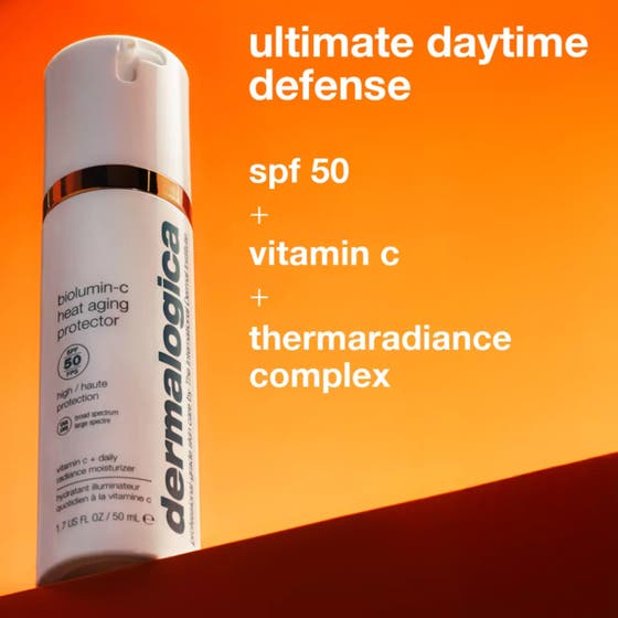 Dermalogica Biolumin-C Heat Aging Protector SPF50 50 ml beskyttende dagkrem med vitamin C i hvit pumpeflaske med gull