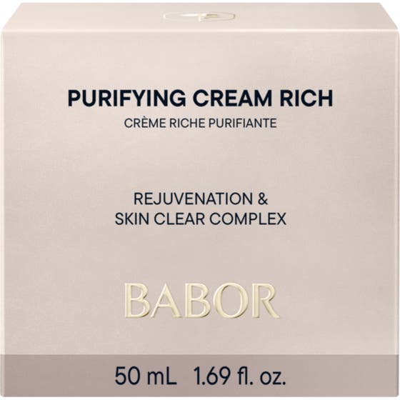 Babor Purifying Cream rich 50 ml mattende ansiktskrem for fet og uren hud i hvit eske med lysegrønn etikett.