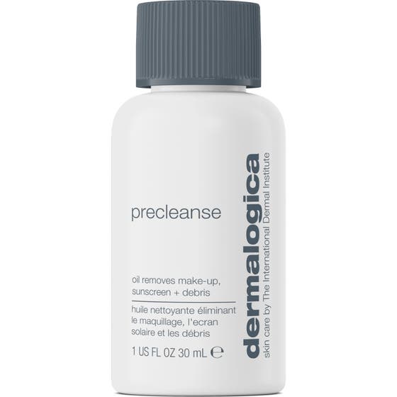 Dermalogica Precleanse 30 ml renseolje som fjerner sminke i en hvit plastflaske med grått rillet lokk.