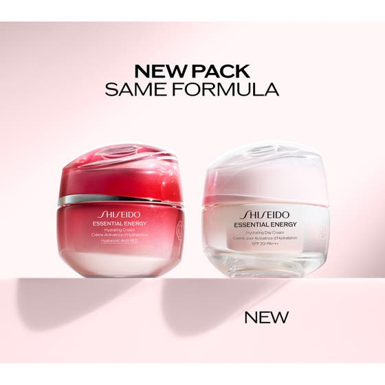 Shiseido Essential Energy Hydrating Day Cream 50 ml dagkräm med spf 20 i röd glasburk med synlig krämig textur