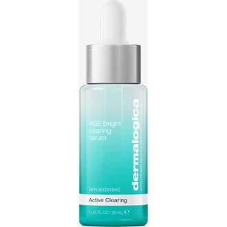 Dermalogica AGE bright clearing serum 30 ml som gir klarere hud i en turkis glassflaske med sølvfarget kork og pipette.