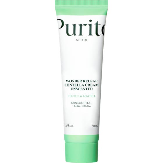 Purito Seoul Wonder Releaf Centella Cream 50 ml parfymefri ansiktskrem i hvit tube med lysegrønn kork og detaljer