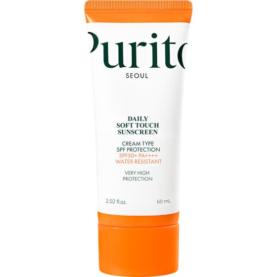 Purito Seoul Daily Soft Touch Sunscreen 60 ml solcreme med ceramider i hvid tube med orange detaljer og SPF 50