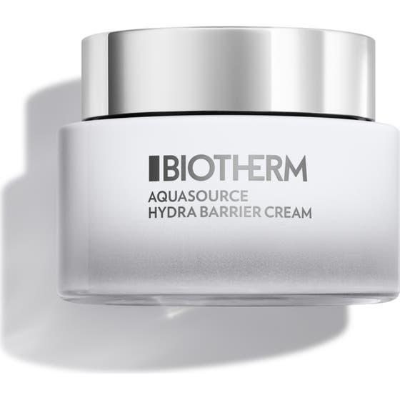 Biotherm Aquasource Hydra Barrier Cream barriärstärkande fuktkräm ansikte i en vit frostad glasburk med silverlock