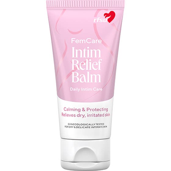 RFSU FemCare Intim Relief Balm 40 ml beroligende intimpleie som lindrer tørr hud i en rosa og hvit tube