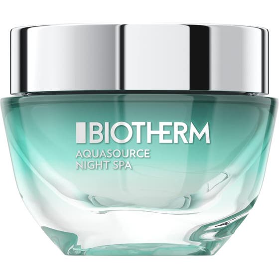 Biotherm Aquasource Night Spa 50ml fuktgivende nattkrem i en turkis glasskrukke med et reflekterende sølvlokk