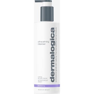 Dermalogica UltraCalming Cleanser 500 ml beroligende ansiktsrens i hvit pumpeflaske med grå detaljer og lilla dekor