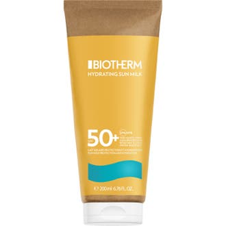 Biotherm Waterlover Hydrating Sun Milk 200 ml fuktighetsgivende solkrem med SPF 50 i gul tube av papp med blå bølge