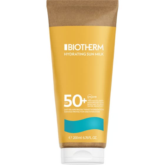 Biotherm Waterlover Hydrating Sun Milk 200 ml fuktighetsgivende solkrem med SPF 50 i gul tube av papp med blå bølge