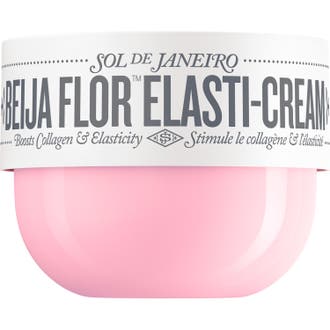 Sol de Janeiro Beija Flor Elasti-Cream oppstrammende kroppskrem i en rund rosa krukke med hvit etikett.
