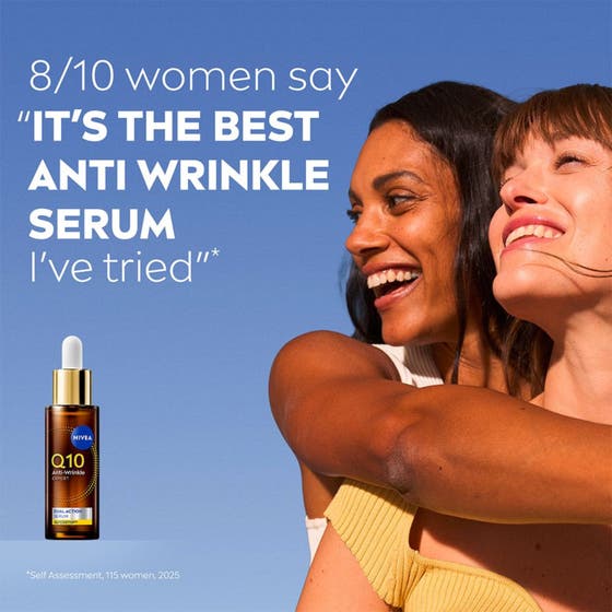 NIVEA Q10 Anti-Wrinkle Expert 30 ml serum i en hudpleierutine med dag- og nattkrem som gir effektiv pleie mot rynker.