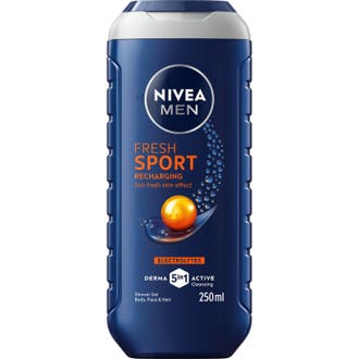 Nivea Men Sport 250 ml 3-in-1 duschtvål för män ger uppfriskande vård i en mörkblå flaska med orange detaljer