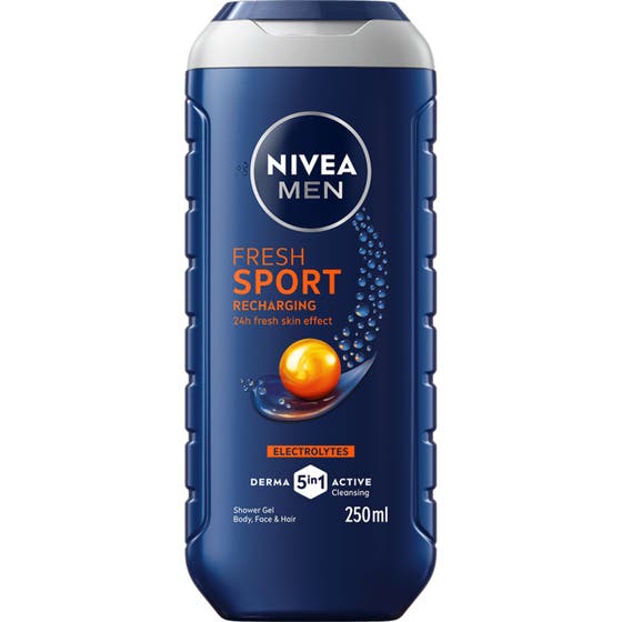 Nivea Men Sport 3in1 250 ml forfriskende dusjsåpe som gir energi i en mørkeblå flaske med oransje grafikk