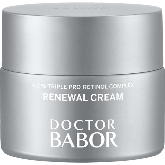 Doctor Babor Triple Pro-Retinol Renewal Cream 50 ml fornyende ansiktskrem i en elegant sølvfarget krukke med hvit tekst