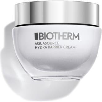 Biotherm Aquasource Hydra Barrier Cream 50ml fuktighetsgivende ansiktskrem som styrker huden i hvit glasskrukke med sølvlokk