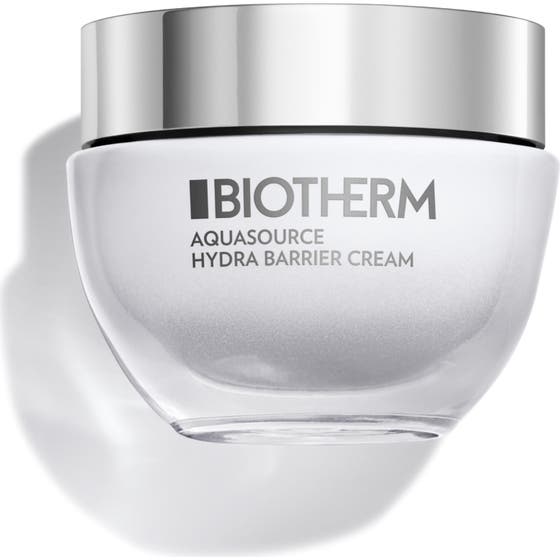 Biotherm Aquasource Hydra Barrier Cream 50ml fuktighetsgivende ansiktskrem som styrker huden i hvit glasskrukke med sølvlokk