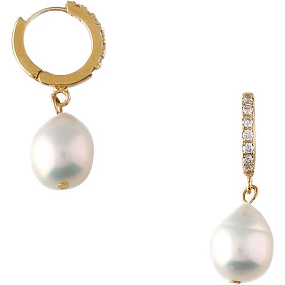 Pearl Drop Pave Hoop Earrings