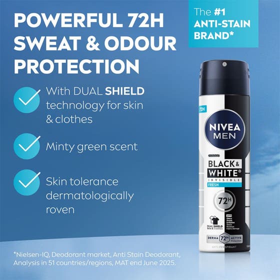 NIVEA MEN Black & White Fresh Spray 150 ml motvirker svette og lukt i en hvit og svart sprayflaske med x5 anti-grafikk