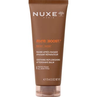 Nuxe Men Boost 3 75 ml lugnande aftershave balm som reparerar huden i en brun tub med genomskinligt lock