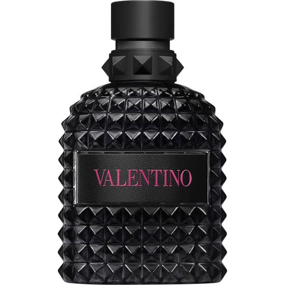 Valentino Born in Roma Uomo Extradose Parfum 100 ml herreparfyme i svart glassflaske med nagler og rosa logo