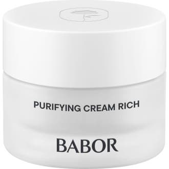 Babor Skinovage Purifying Cream Rich puhdistava kasvovoide valkoisessa huurteisessa lasipurkissa.