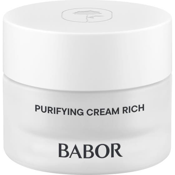 Babor Skinovage Purifying Cream Rich 50 ml ansiktskrem mot urenheter i en hvit frostet glasskrukke med grønn skrift